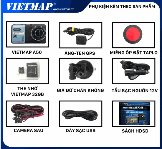Để đảm bảo hàng chính hãng Vietmap A50 sẽ có những phụ kiện sau