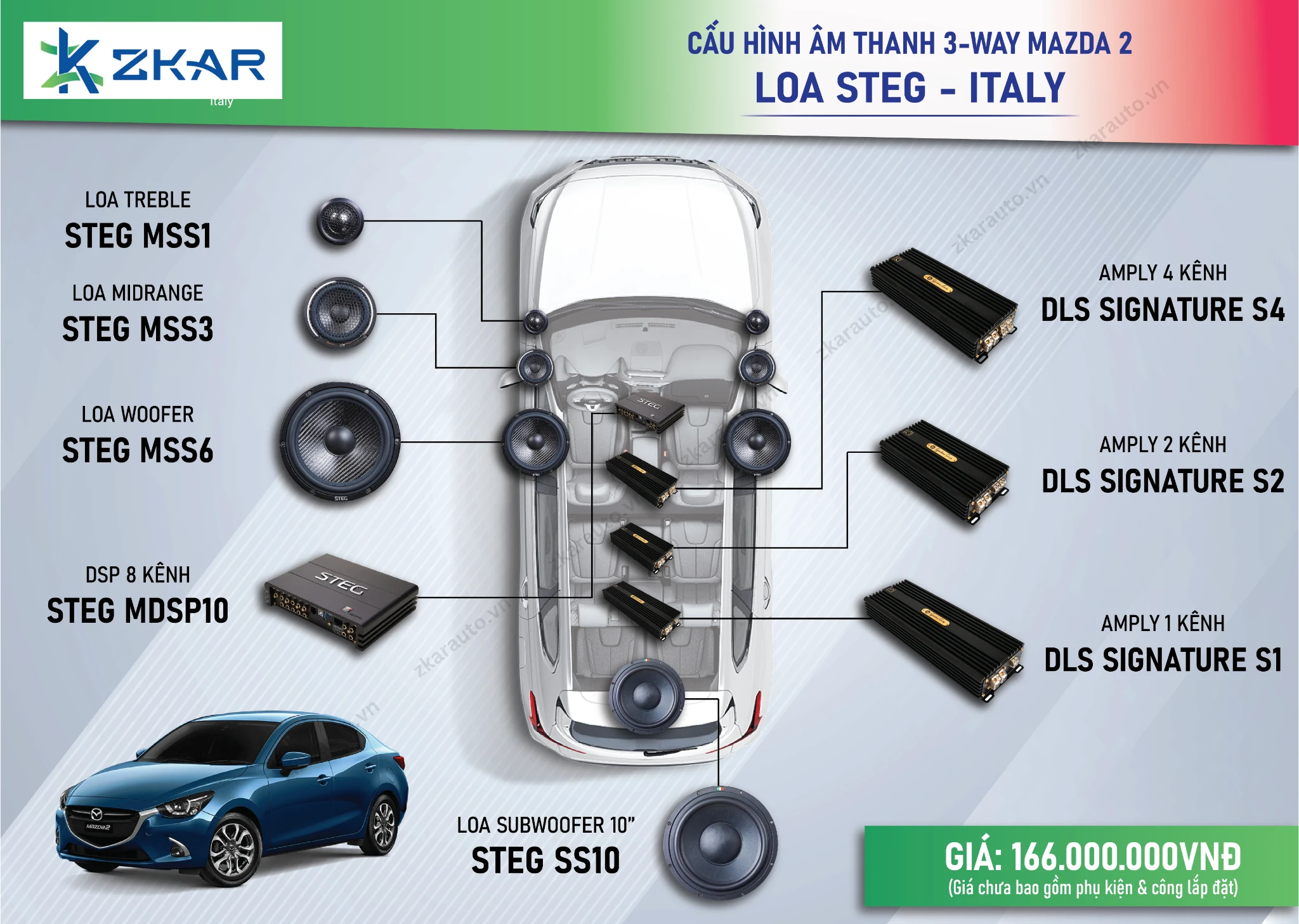 Combo loa 3 way cho xe Mazda 2