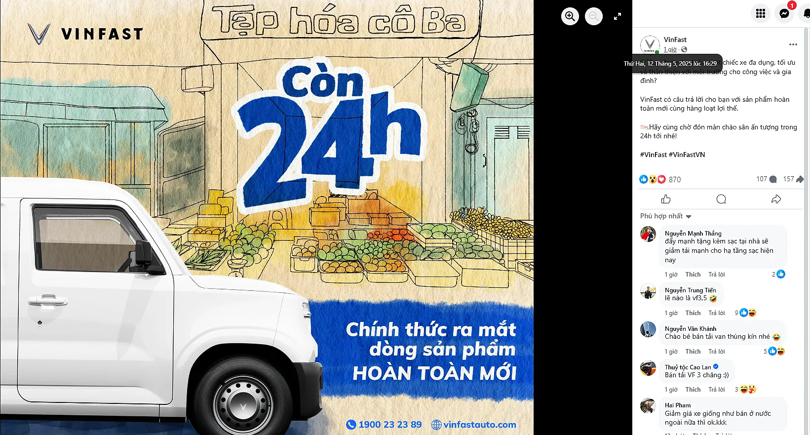 VinFast công bố trên trang Facebook chính thức vào ngày 12/5/2025