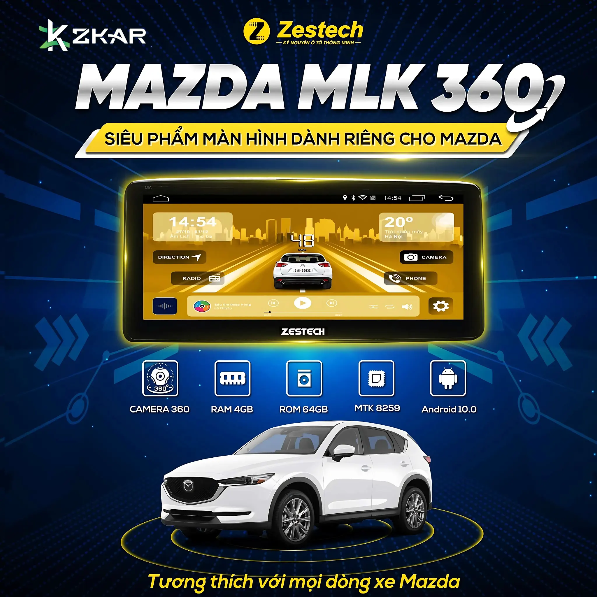 Màn hình Zestech Mazda MLK 360 được thiết kế dành riêng cho các dòng xe Mazda