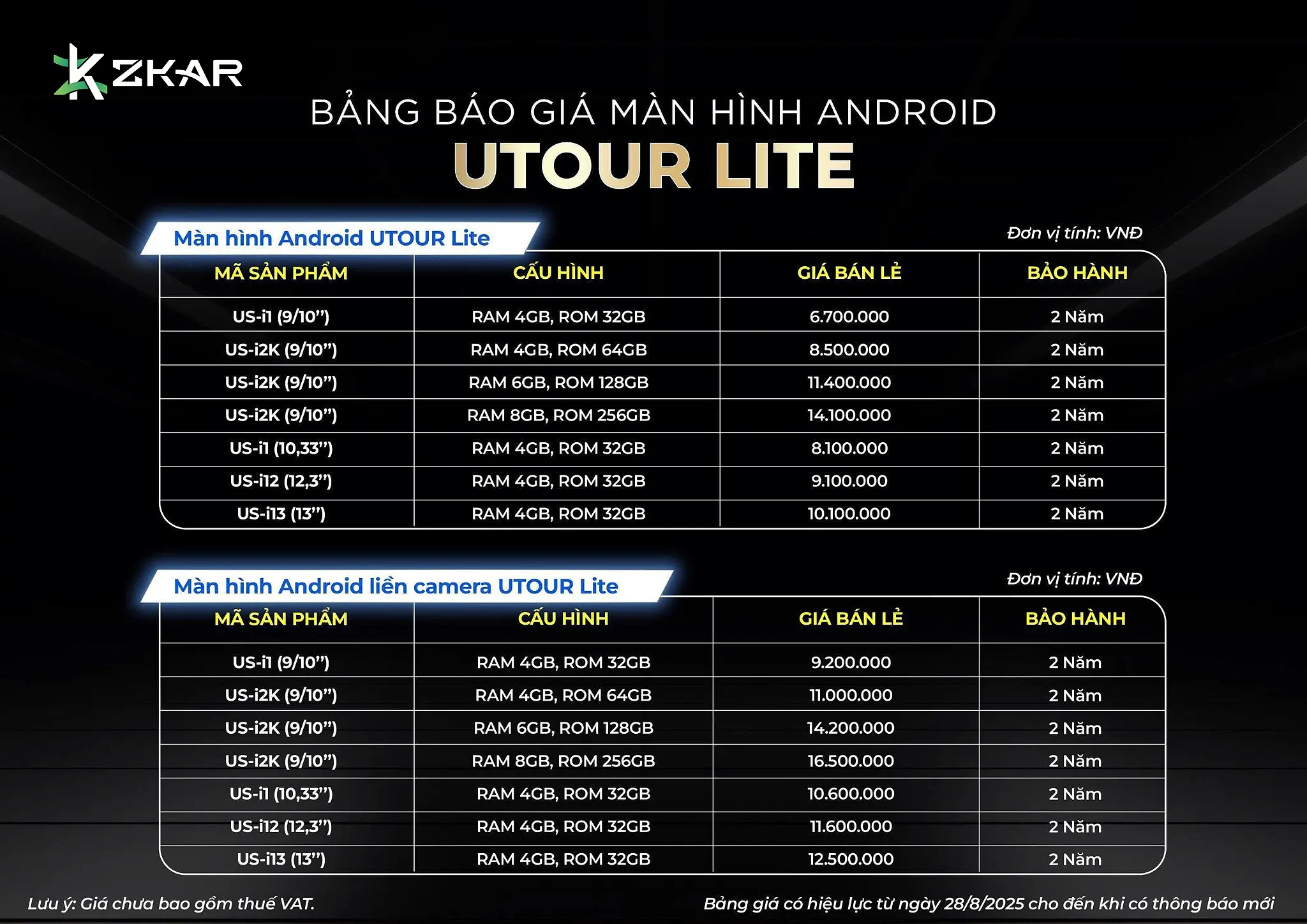 Bảng giá màn hình android Utour Lite