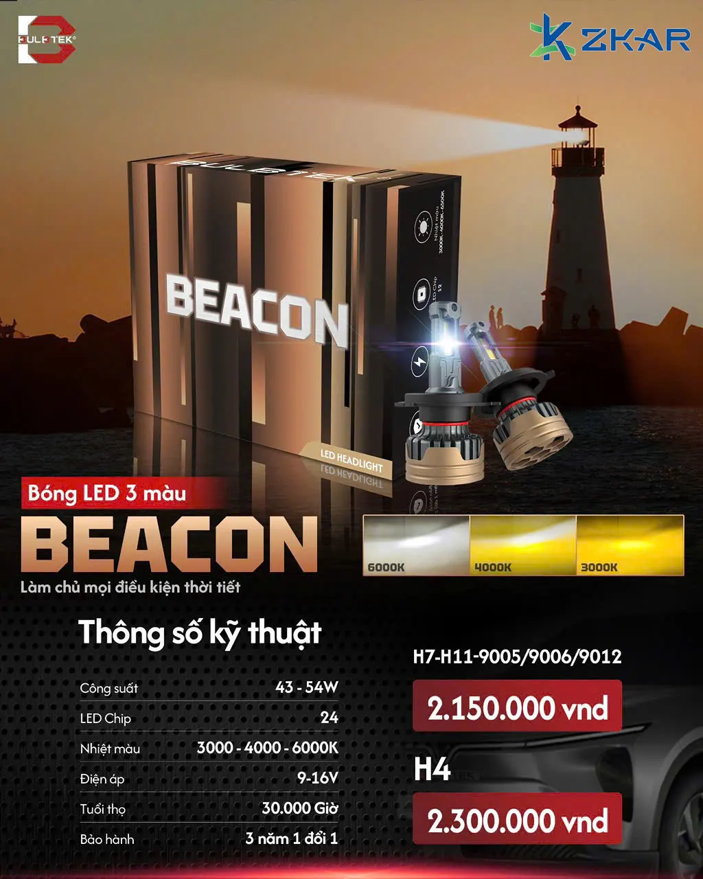 Bóng LED ô tô Beacon chân H7 Bulbtek ánh sáng từ chip LED công nghệ cao