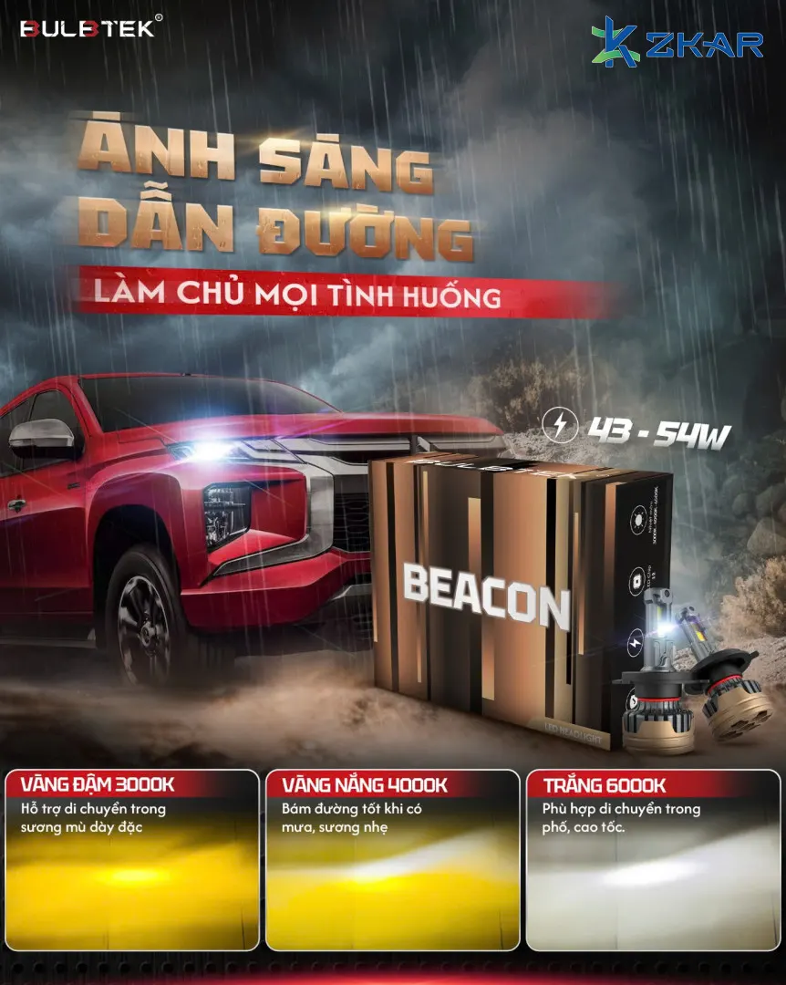 Bóng LED ô tô Beacon chân H7 Bulbtek có 3 nhiệt màu linh hoạt
