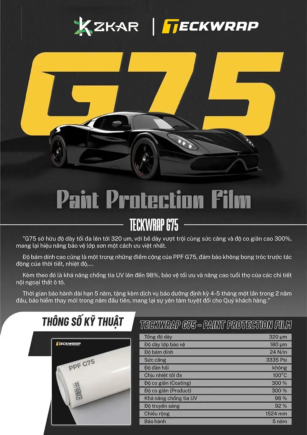 Thông số kỹ thuật PPF Teckwrap G75
