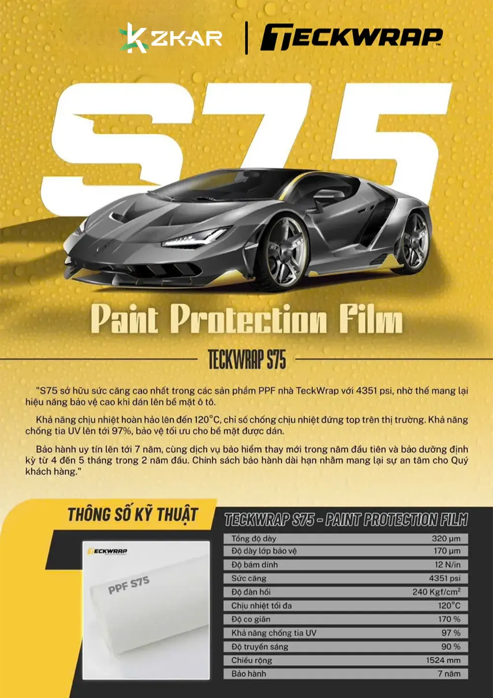 Thông số kỹ thuật PPF Teckwrap S75