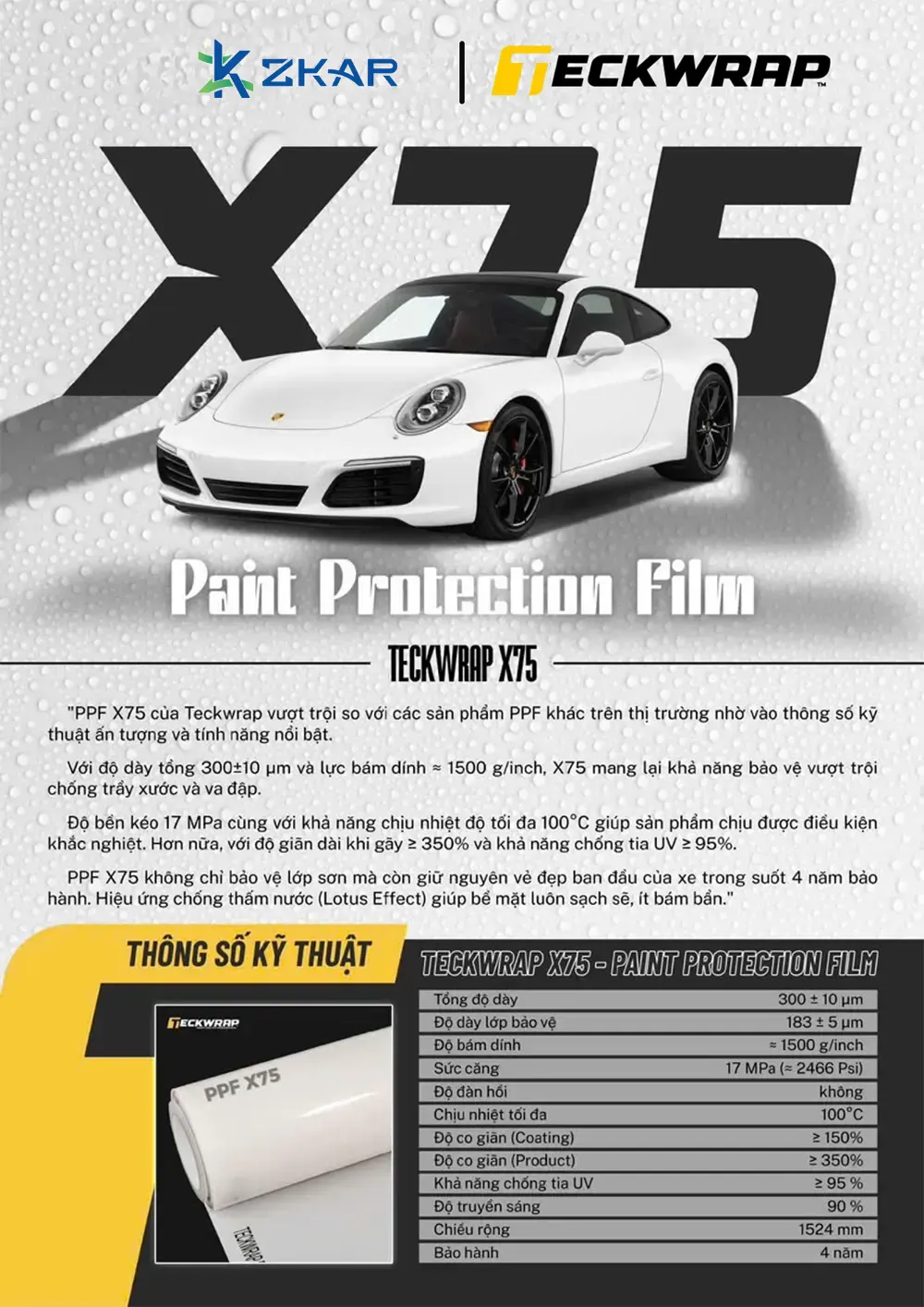 Thông số kỹ thuật PPF Teckwrap X75