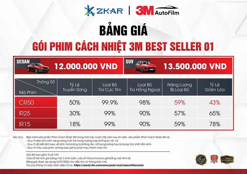 Bảng giá và thông số phim cách nhiệt 3M Best Seller 01 - ZKar Auto