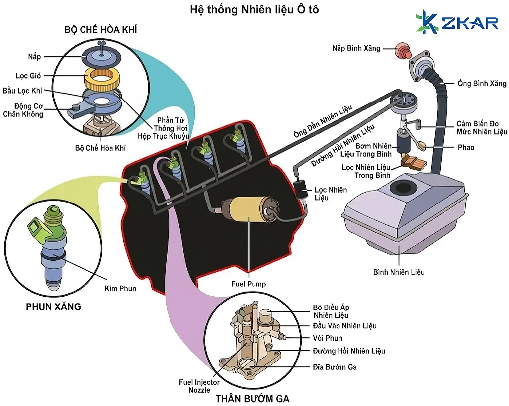 Hệ thống nhiên liệu vận hành xăng ô tô