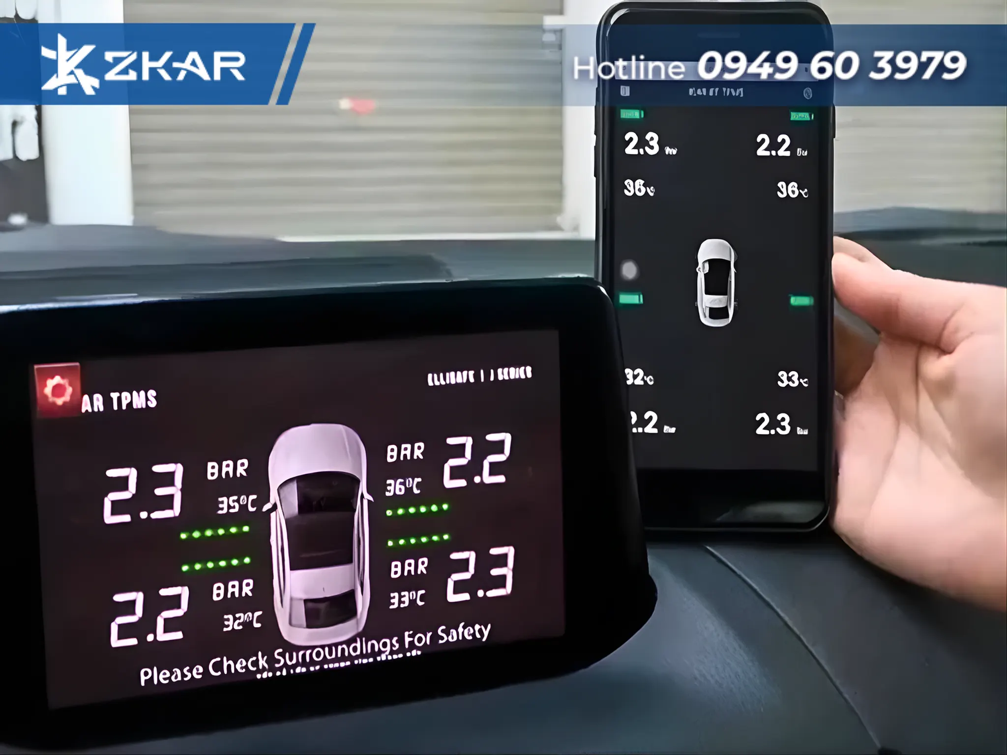Màn hình hiển thị thông số áp suất và nhiệt độ lốp chi tiết, cảnh báo ngay khi có sự cố