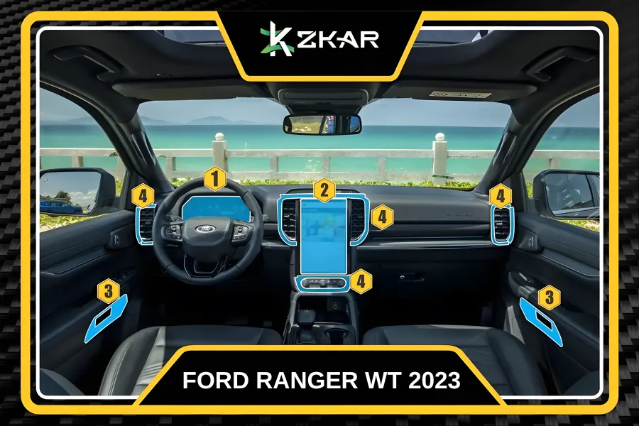 Các vị trí phải dán PPF trong khoang xe Ford Ranger WT 2023