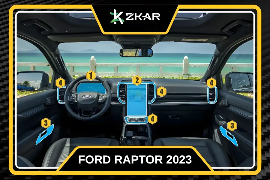 Các vị trí phải dán PPF trong khoang xe Ford Raptor 2023