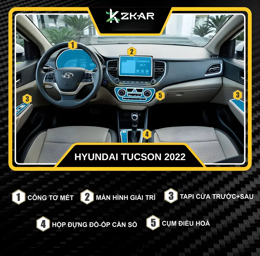 Các vị trí phải dán PPF trong khoang xe Hyundai Tucson 2022