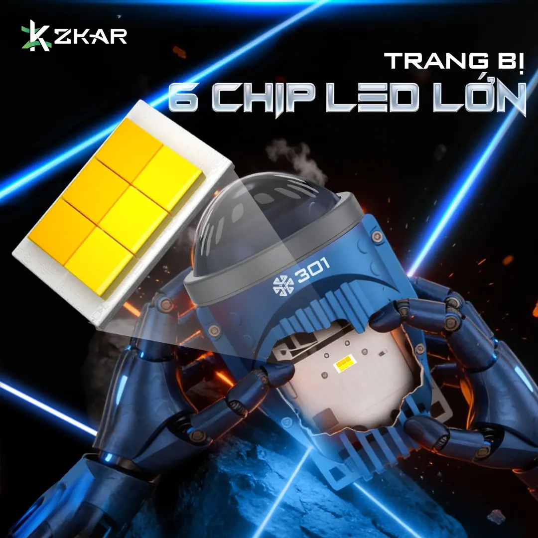 Cấu hình 6 chip LED lớn, kết hợp choá phản xạ tạo vùng ánh sáng rộng và đều