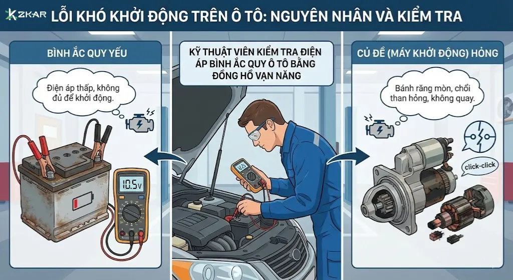Kỹ thuật viên kiểm tra điện xe ô tô khó nổ máy do bình ắc quy yếu
