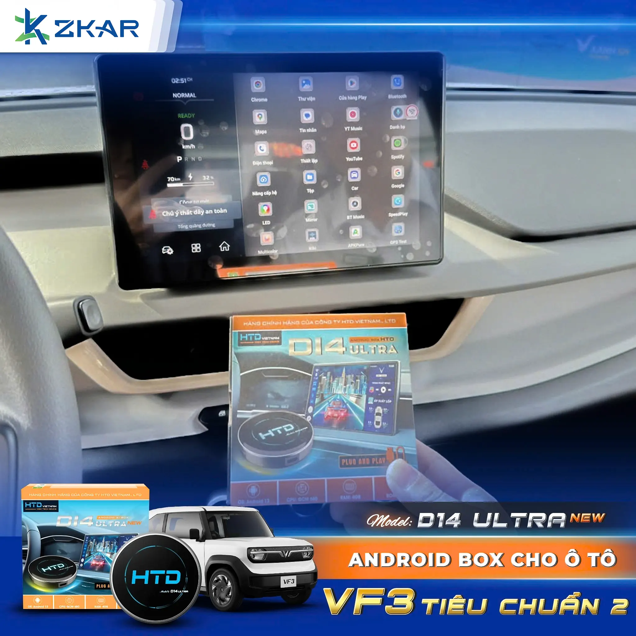 Android Box HTD D14 Ultra New cho VinFast VF3 – Cắm giắc USB, giữ zin 100%