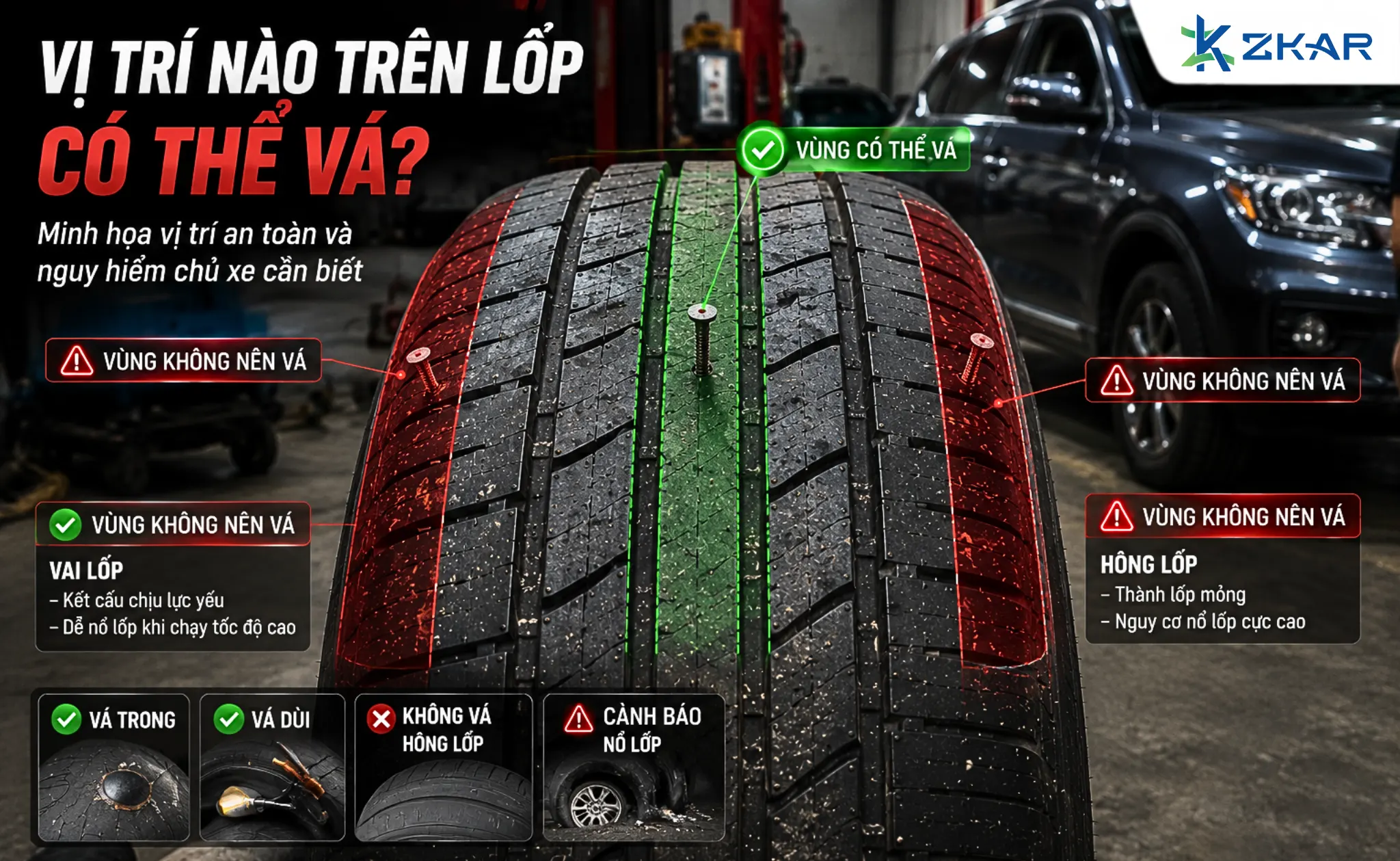 Minh họa vị trí có thể vá và không thể vá trên lốp xe