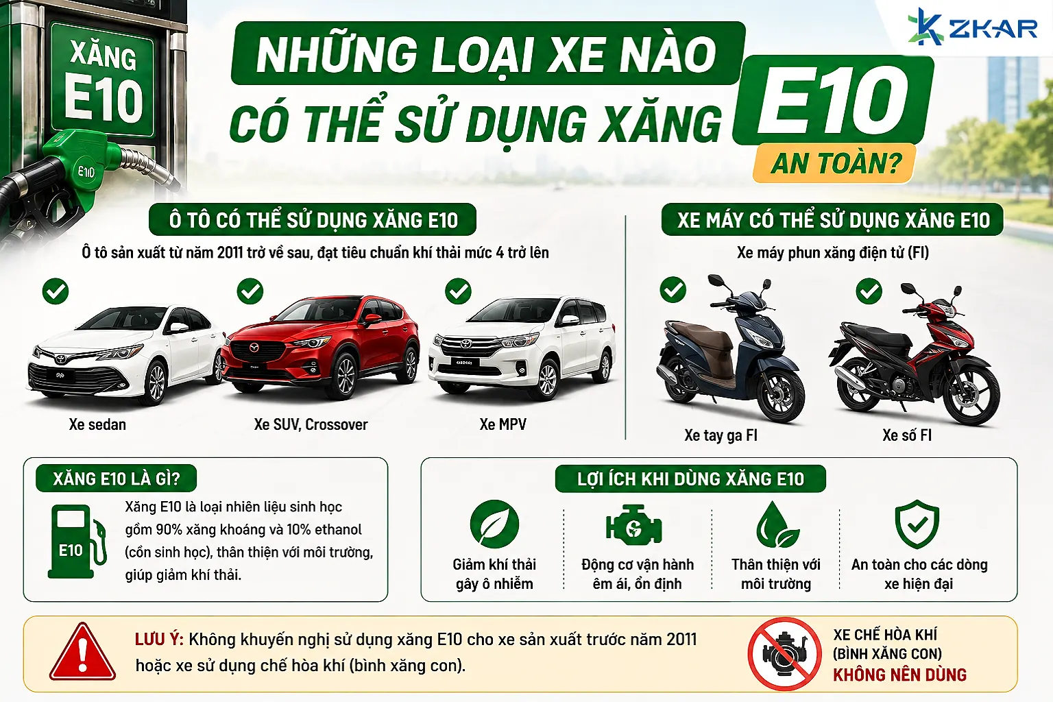 Những loại xe nào có thể sử dụng xăng E10 an toàn?