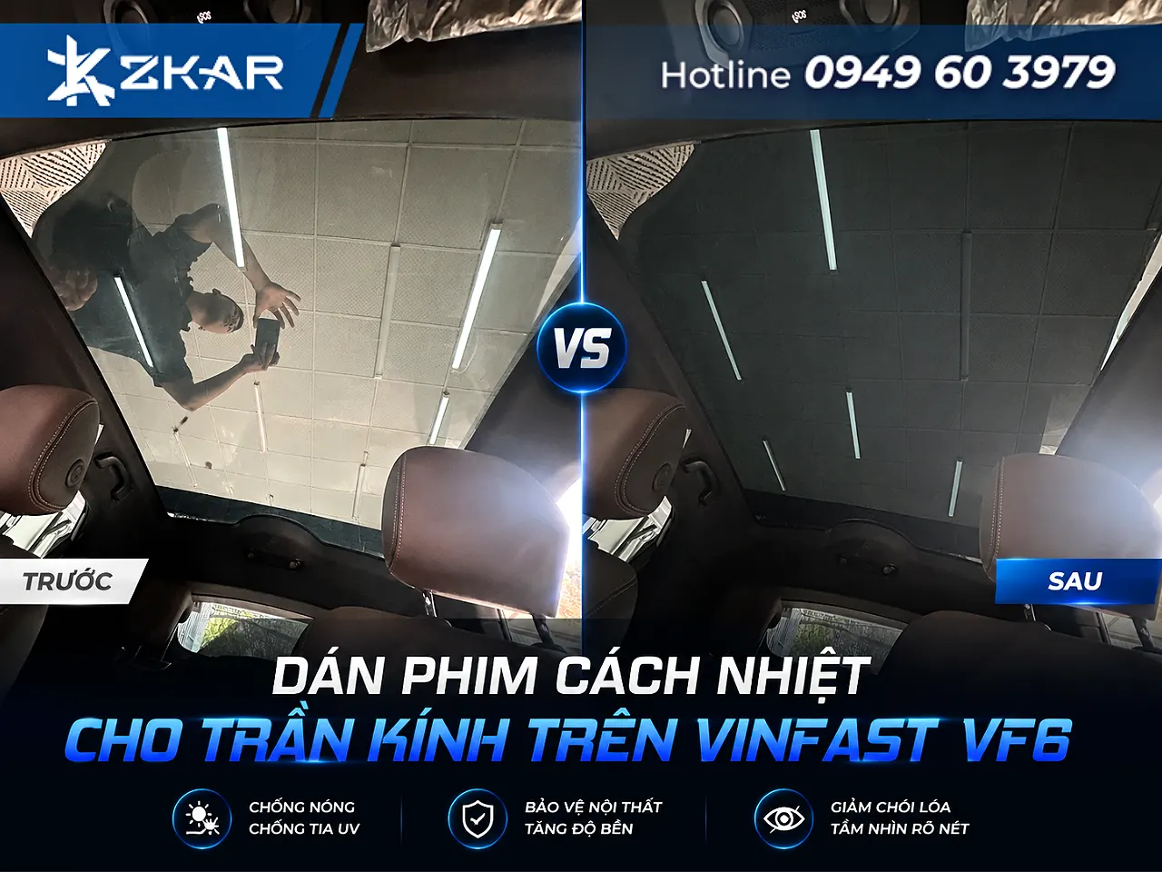 so sánh trước và sau khi dán film cách nhiệt trần kính cho vf6