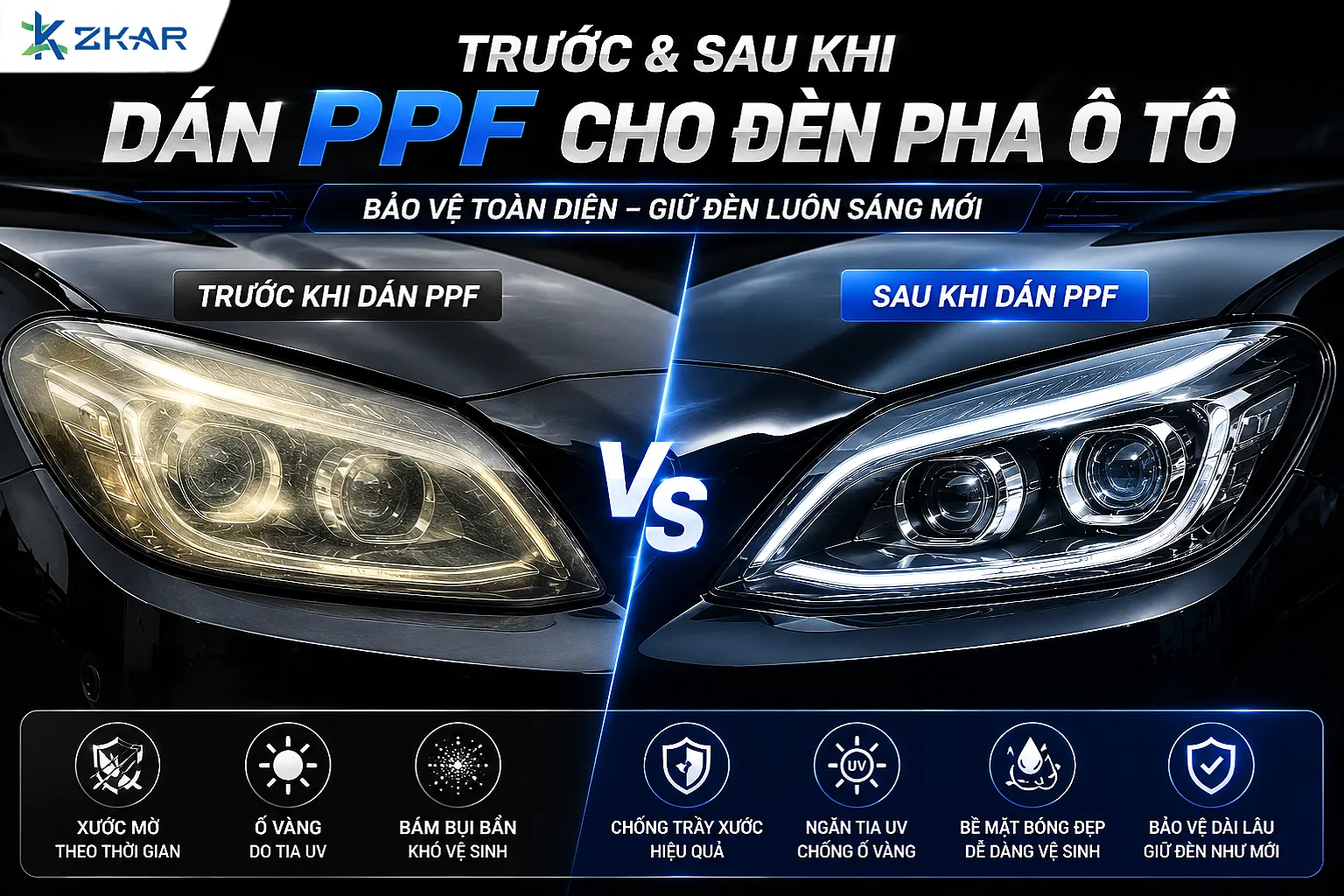 Trước và sau khi dán ppf cho đèn pha ô tô