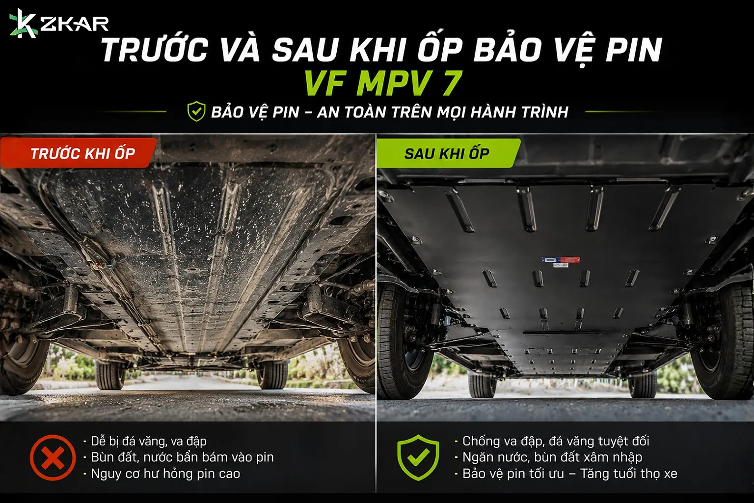 Trước và sau khi ốp bảo vệ pin vf mpv 7 tại zkar auto