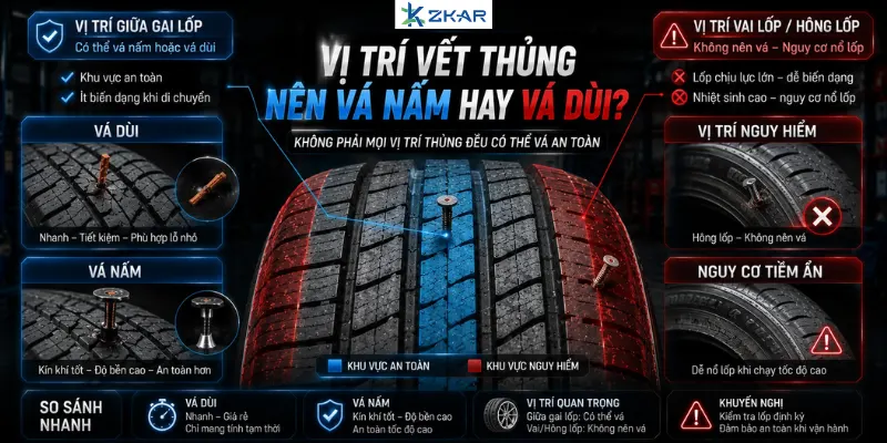 Vị  trí vết thủng lốp ô tô: nên vá nấm hay vá dùi?