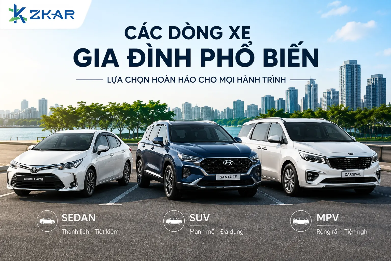tổng hợp các dòng xe gia đình (Sedan, SUV, MPV) đỗ cạnh nhau