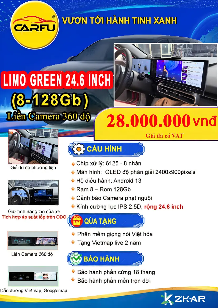 Bảng Giá Màn Hình Android CARFU 360 Xe Limo Green 24.6 Inch (8-128GB)