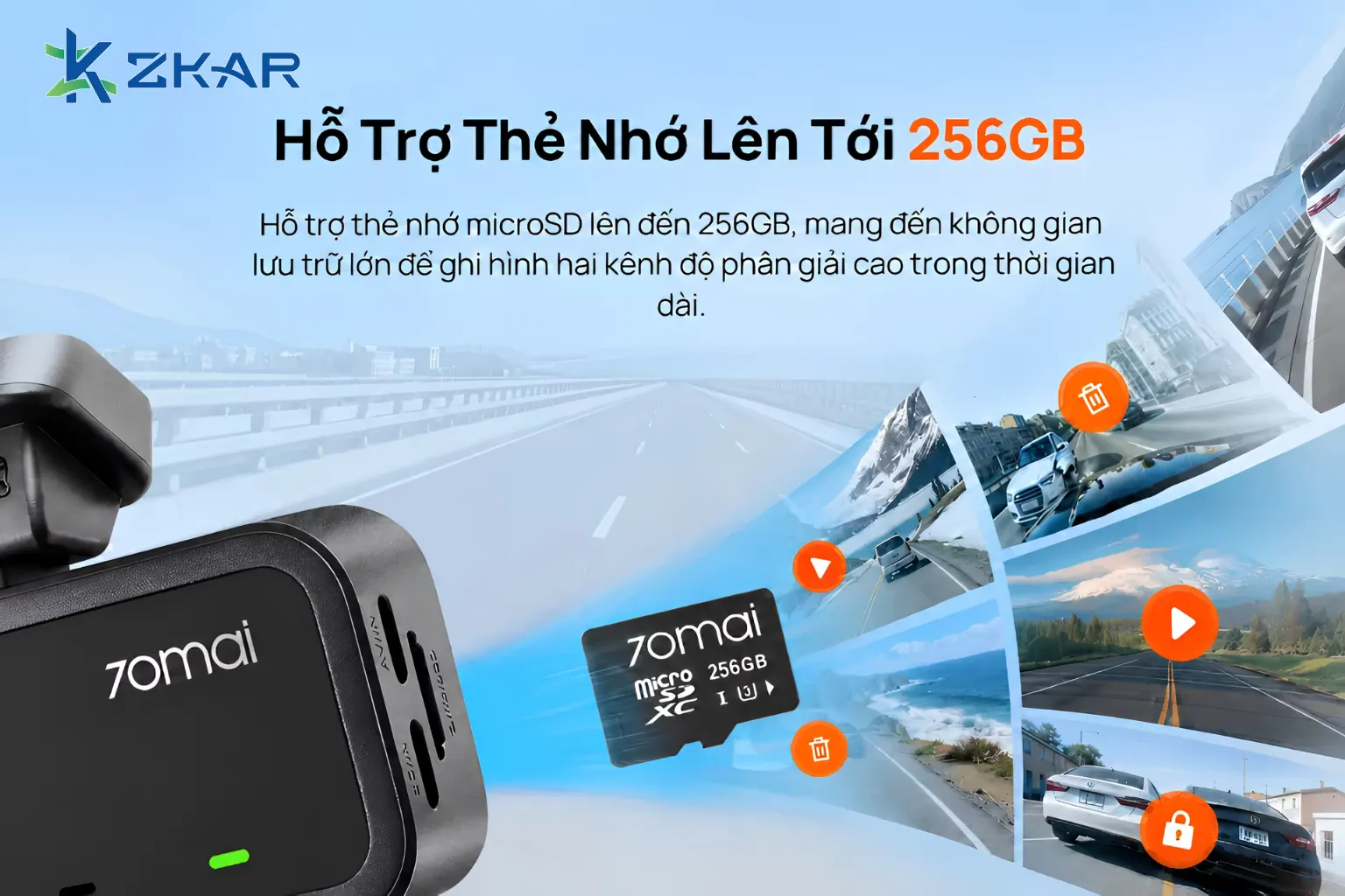 Cam hành trình 70mai A210 hỗ trợ thẻ nhớ microSD dung lượng tối đa 256GB