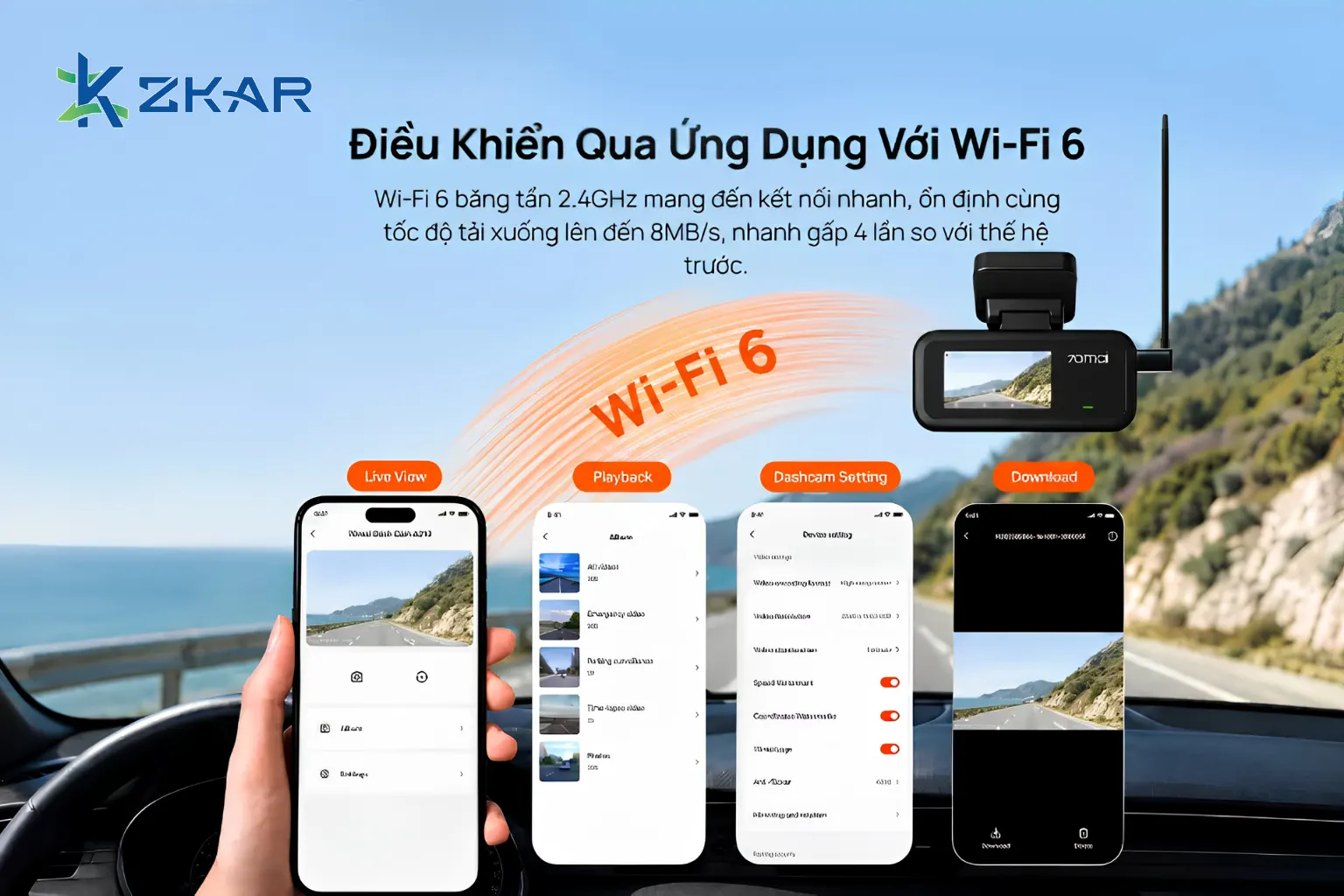 Kết nối Wi‑Fi 6 giúp xem, tải và quản lý video qua ứng dụng 70mai