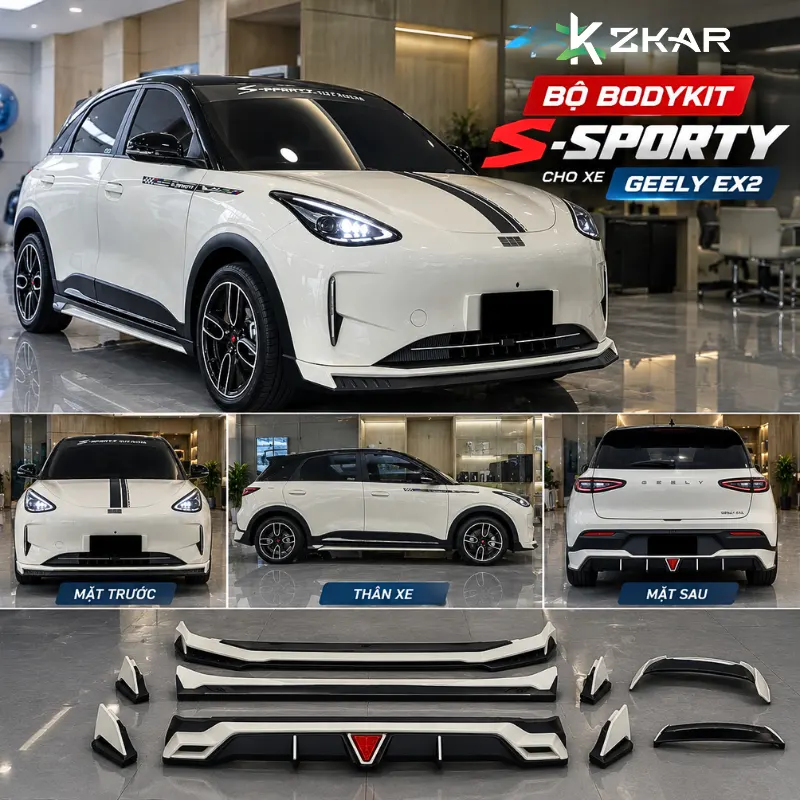Cận cảnh full chi tiết ốp cản trước sau bộ bodykit S-sporty cho xe Geely EX2