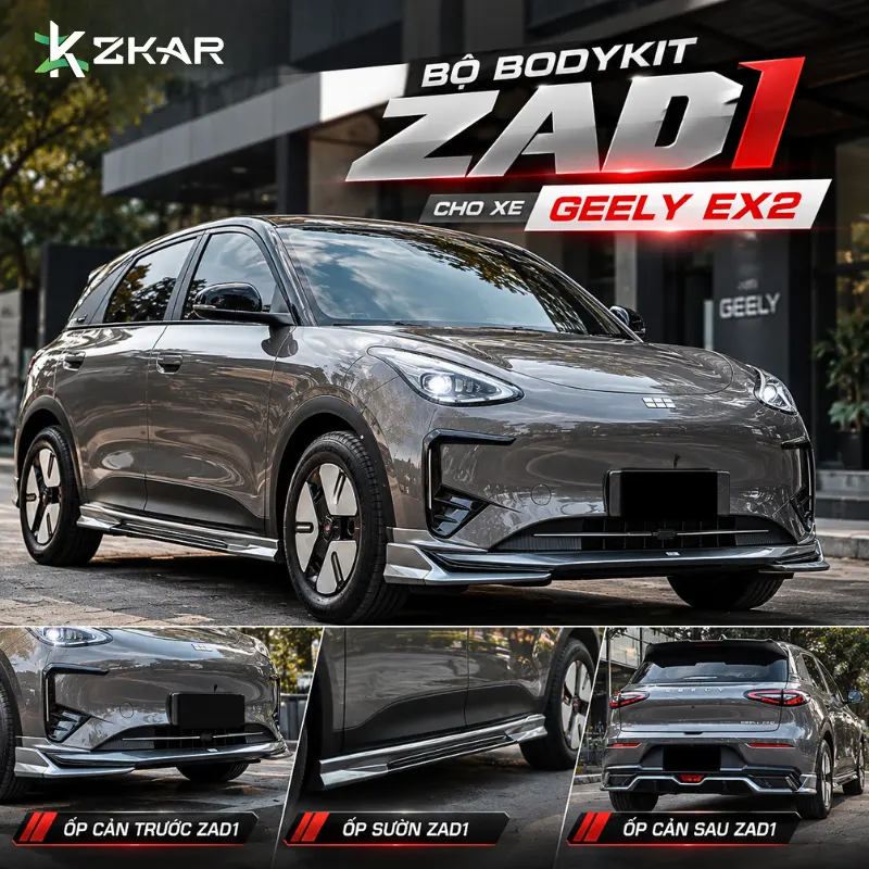 Cận cảnh full chi tiết ốp cản trước sau bộ bodykit ZAD1cho xe Geely EX2