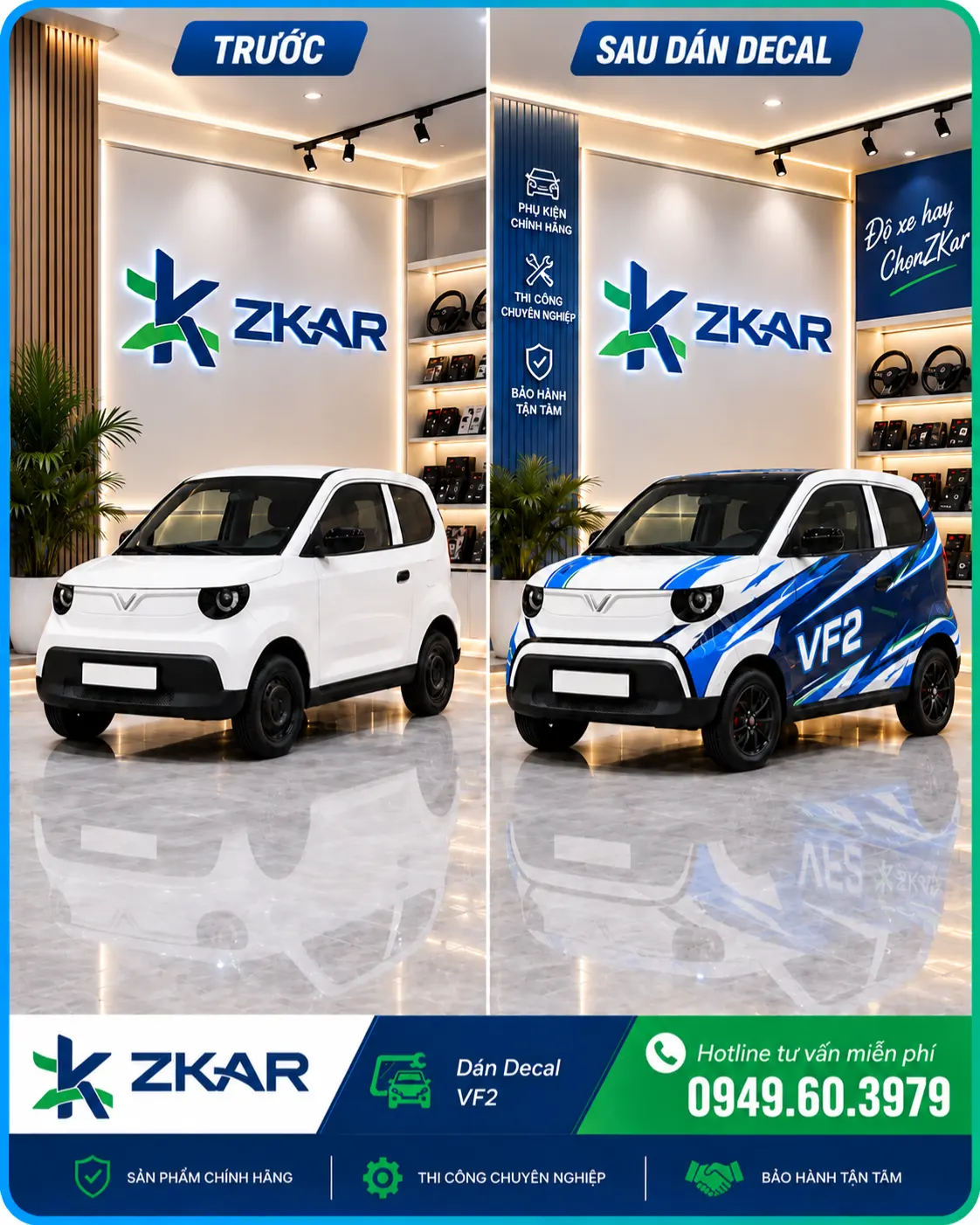 Hình ảnh trước và sau khi dán decal xe vinfast vf2 tại zkar auto
