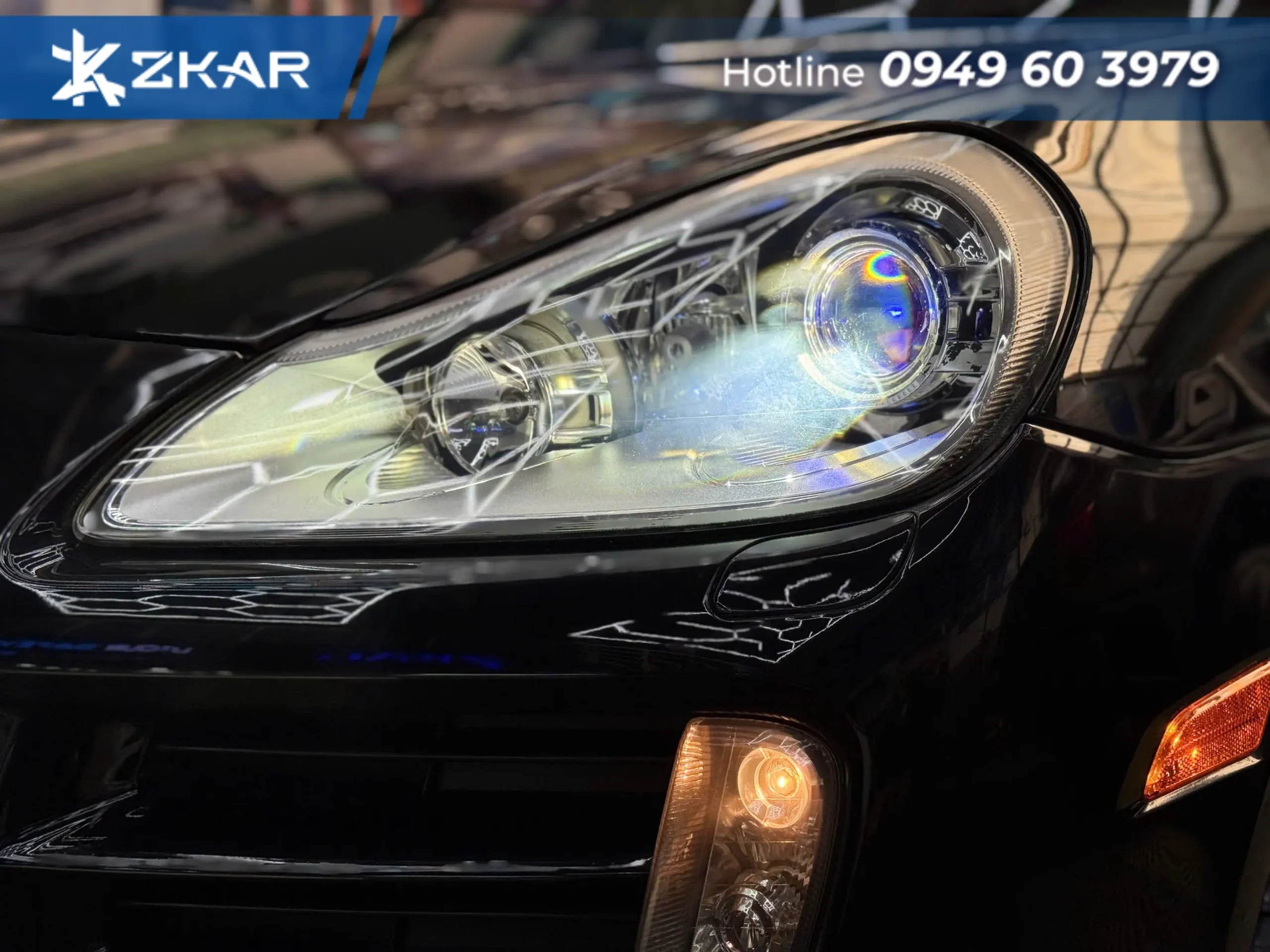 Cận Cảnh Cặp Thấu Kính Bi Laser Titan Platinum 9+3 Lắp Đặt Trên xe Porsche