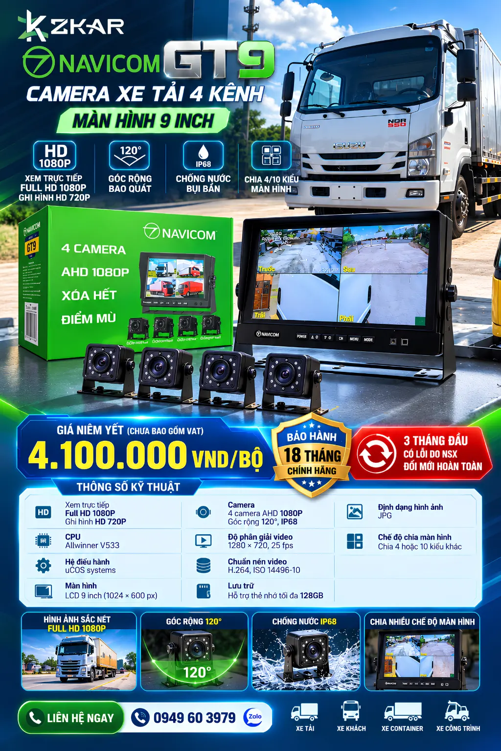 Combo màn hình + camera 4 mắt cho xe tải - GT9, giá chỉ 4.100.000