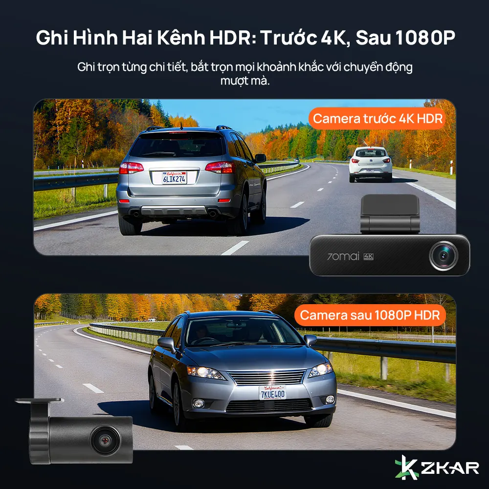 Ghi hình kênh đôi ở độ phân giải 4K+1080P  - camera ht 70mai M800