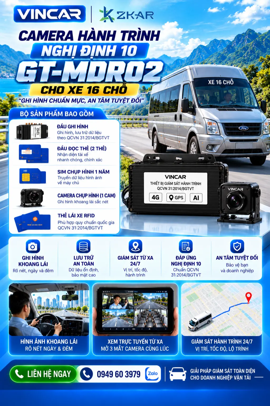 Lắp đặt camera gt-mdr02 cho xe 16 chỗ chính hãng zkar auto
