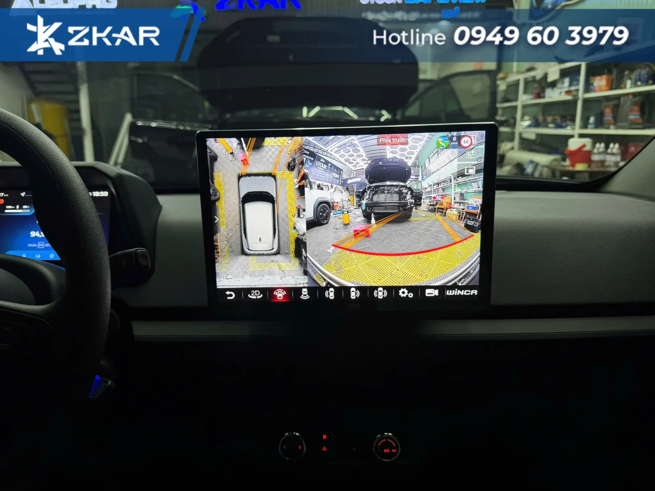 Màn hình Android Winca hiển thị camera trước có vạch căn khoảng cách hỗ trợ đỗ xe