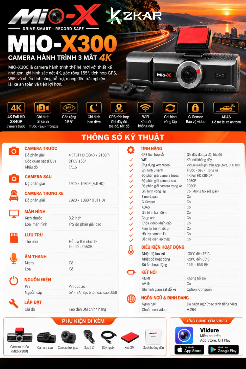 Thông số kỹ thuật camera 3 mắt mio-x300